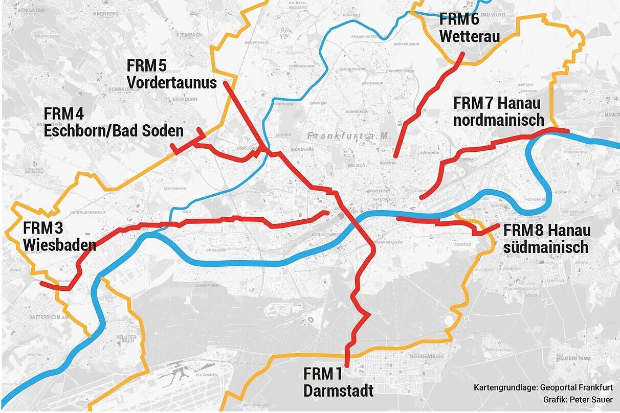 Radschnellwege Die geplanten Radschnellwege, die nach und Frankfurt hindurch führen sollen, werden dargestellt