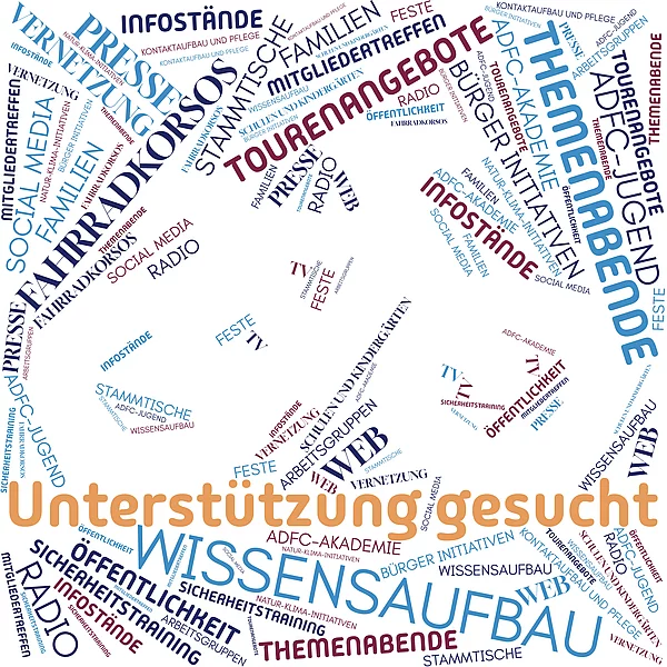 Unterstützung gesucht (Wörterwolke) 1:1 Der ADFC Odenwaldkreis benötigt Helfer um die vielen Themen und Projekte umsetzen und den ADFC im Odenwald flächendeckend zu repräsentieren zu können